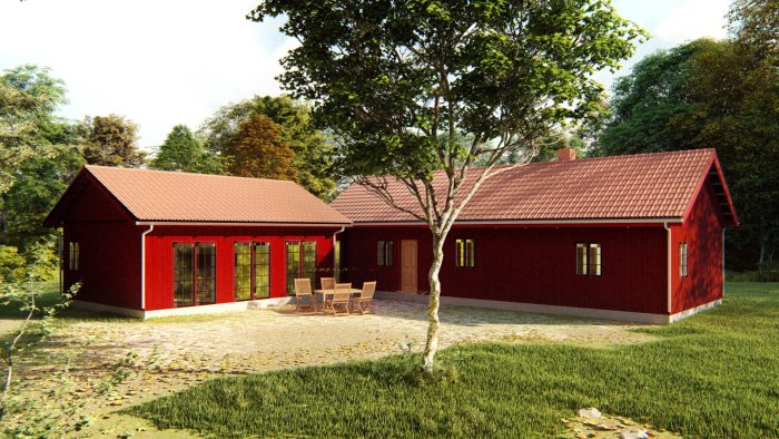 3D-rendering av ett rött hus med tegeltak, extra huskropp och glasveranda i lummig miljö.