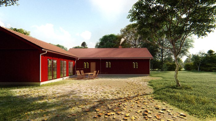 3D-rendering av utökad röd huskropp med sammanbindande passage och stora fönster, omgiven av trädgård.