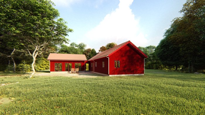Rendering av ett rött hus med förlängning och glasparti i lantlig miljö.