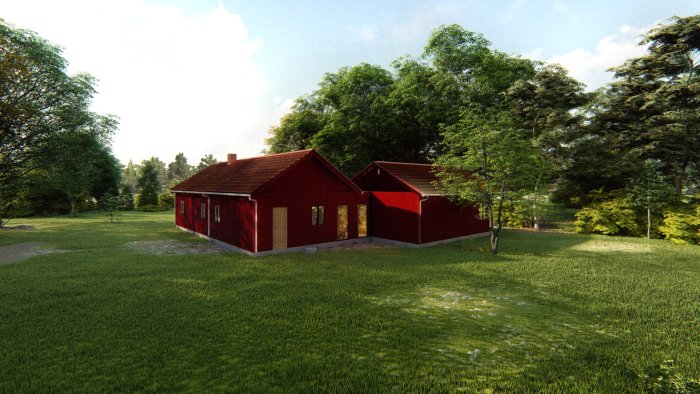 3D-rendering av en utbyggd röd villa med två huskroppar och anslutande passage mot en lummig trädgård.