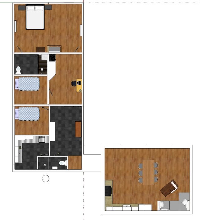 Planritning av ett hus med inredda rum inklusive kök, sovrum, badrum och hall.