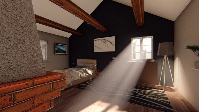 3D-rendering av ett sovrum med synliga takbjälkar, säng, konst på väggen och solstrålar genom fönstret.