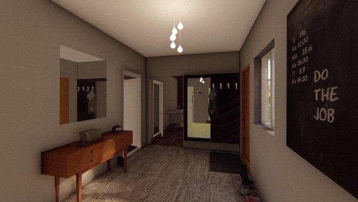 3D-rendering av en huskorridor med spegel, hallmöbel, tavelvägg och öppna dörrar.
