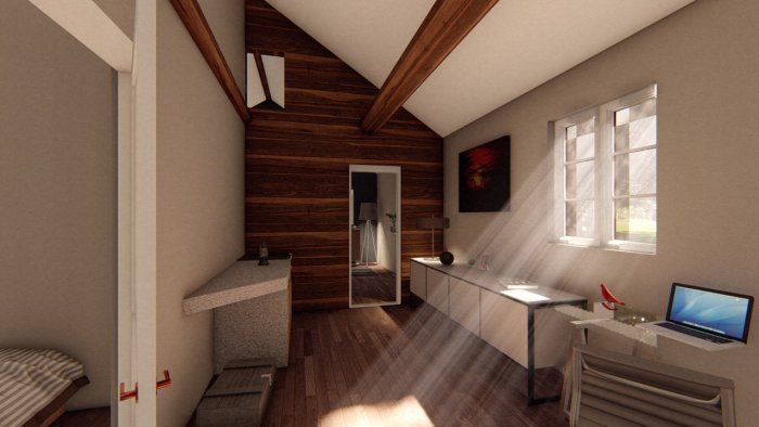 3D-rendering av ett modernt hörnkontor med träpanel, fönster och skrivbord.