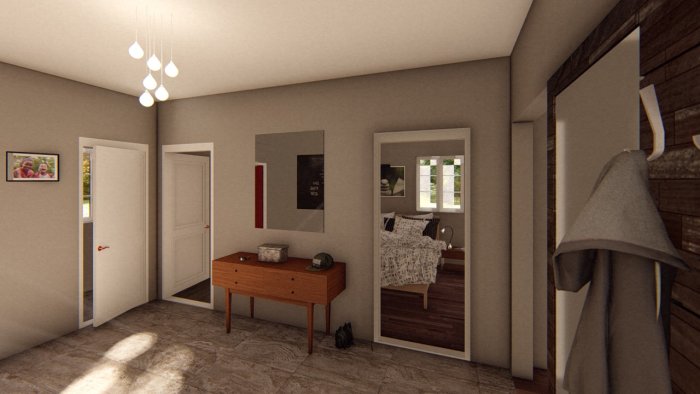 3D-rendering av en rymlig hall i ett hus med öppna dörrar till andra rum och inredningsdetaljer.