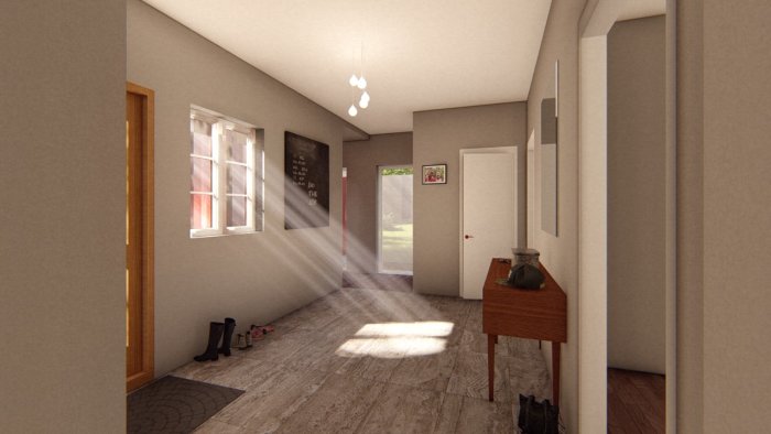 3D-renderad bild av en rymlig hall med fönster, ljusinsläpp och inredningsdetaljer.