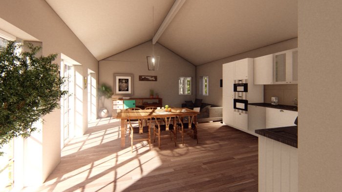 3D-rendering av ett ljust och luftigt köksutrymme med matbord, stolar och inbyggd köksinredning under en lutande takkonstruktion.