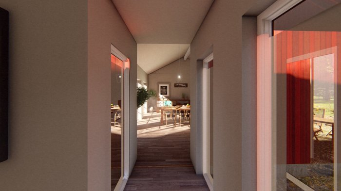 Interiörbild som visar passagen från en hall till ett vardagsrum med köksdel i ett hus, med glaspartier och utsikt mot trädgården.