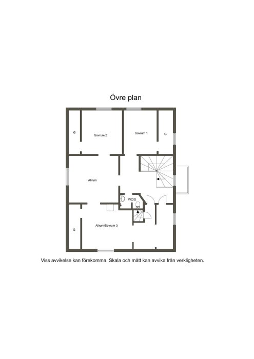 Ritning av övre plan i hus, visar sovrum, allrum, wc och trappor, med texten "Viss avvikelse kan förekomma.