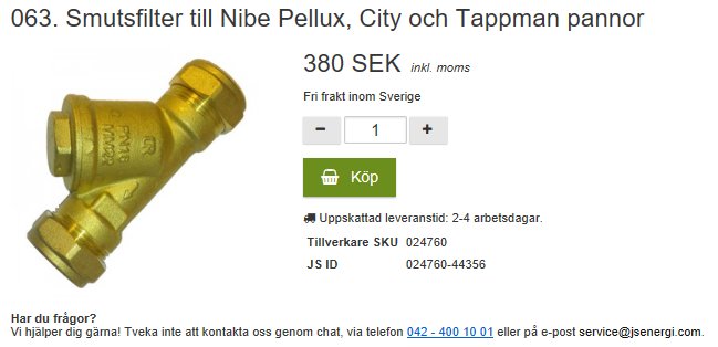 Smutsfilter med klämringskopplingar för Nibe Pellux, City och Tappman pannor.