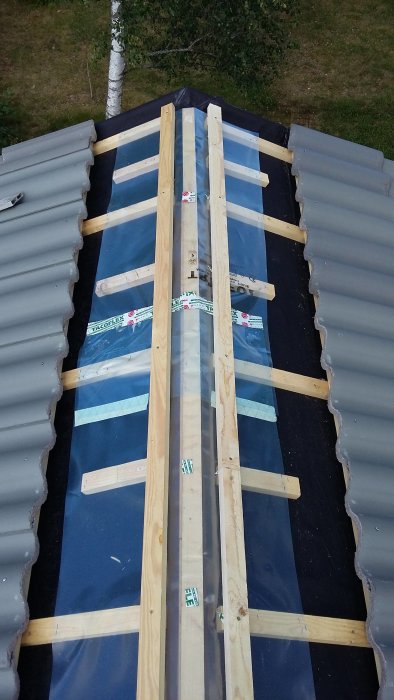 Tak med mögel på bärläkt och nockbräda, ren ströläkt och oljeboard, under uppbyggd takstruktur med betongpannor.