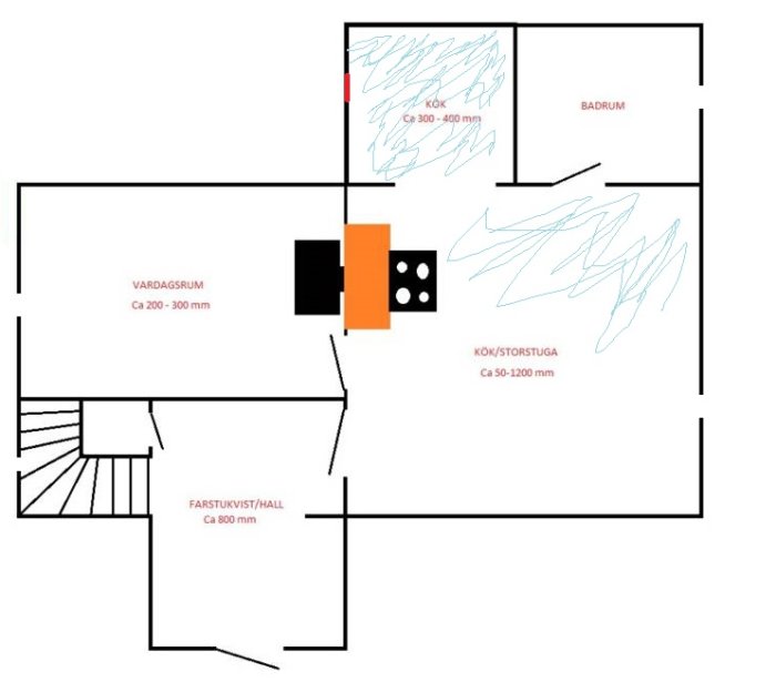 Ritning av husets planlösning som visar olika rum och föreslagen plats för ventilation markerad med rött.