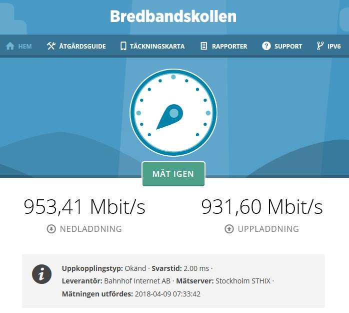 Skärmdump av bredbandskollen resultat som visar nedladdningshastighet 953,41 Mbit/s och uppladdningshastighet 931,60 Mbit/s med Bahnhof som leverantör.