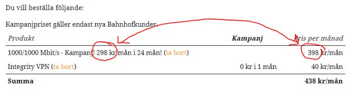 Skärmdump som visar kampanjpris för bredbandstjänst med anteckningar som förklarar prisändring efter 24 månader.