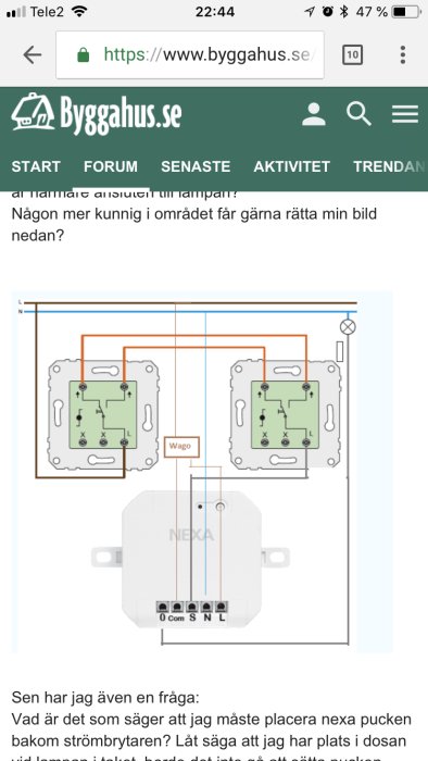 Schématisk ritning av elinstallation för strömbrytare och Nexa puck med ledningar.