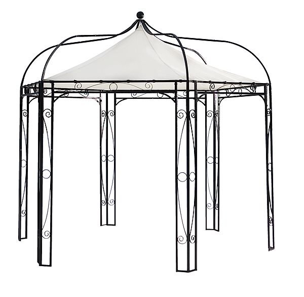 Svart klassisk trädgårdspaviljong med vit takduk och dekorativa detaljer i metall.