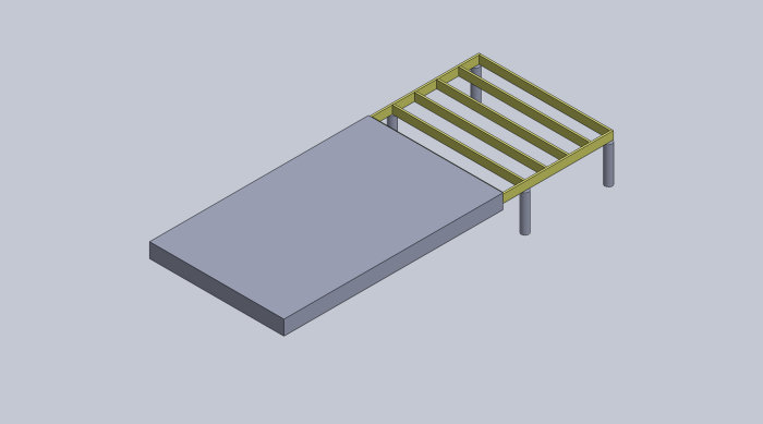 3D-modell av grund till garage/förråd med gjuten platta och regelstomme på plintar.