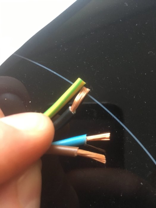 En hand håller avskalade elektriska kablar i färgerna grönt-gul, brun och blå mot en suddig bakgrund.
