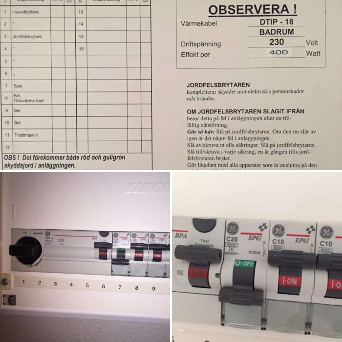 Collage av elsäkerhetstavla, elcentral med säkringar och varningstexter om jordfelsbrytare.