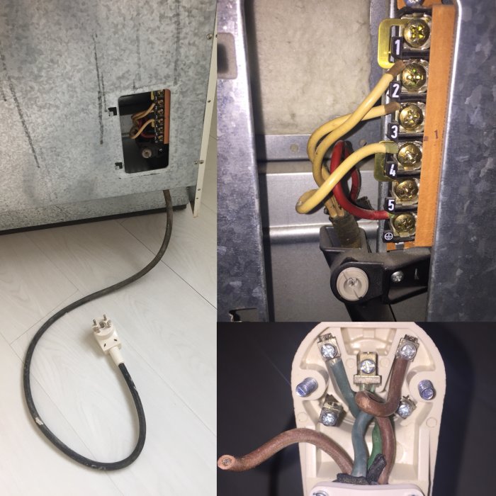 Kollage av tre bilder som visar elektriska installationer, inklusive en vägguttagsskåra, kabelanslutningar och en närbild av en spiskontakt.