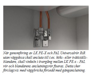 Installationsvy av LK PEX-rör och PAL Universalrör med väggbricka under tak, redo för anslutning till blandare.