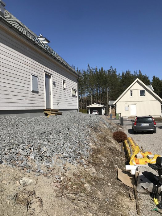 Ojämn slänt med grus och sten bredvid en nybyggd husvägg, risk för erosion mot grannens tomt.