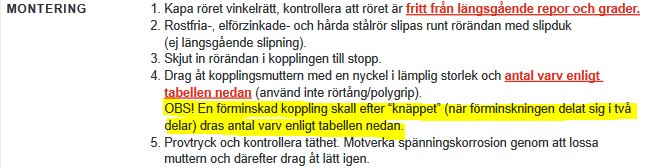 Skärmdump av monteringsanvisningar med markerad text om installation av en VA1139-koppling och vikten av korrekt antal varv.