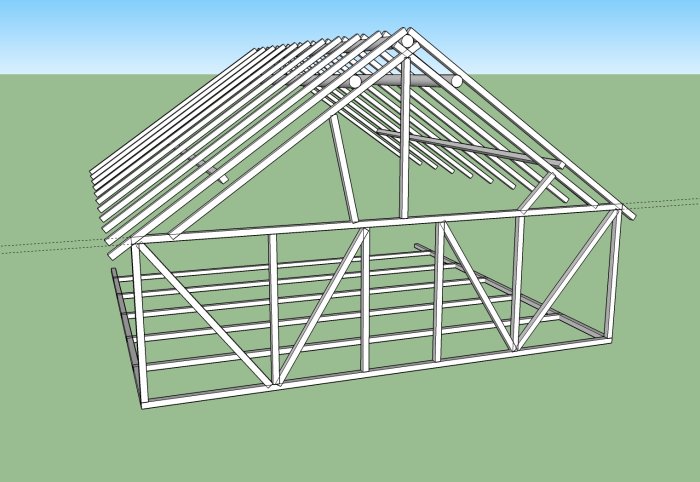 3D-modell av en träkonstruktion för en ladugård med takstomme och planerat halvloft.