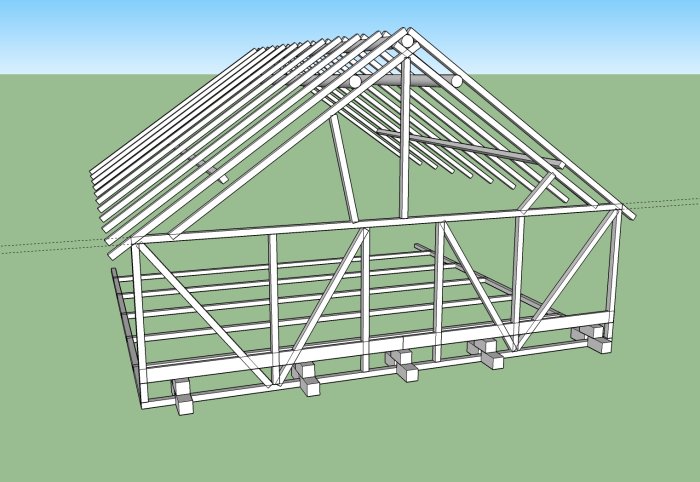 3D-modell av en ladugårds stomme som visar träregelverk inklusive takstolar och grund på block.