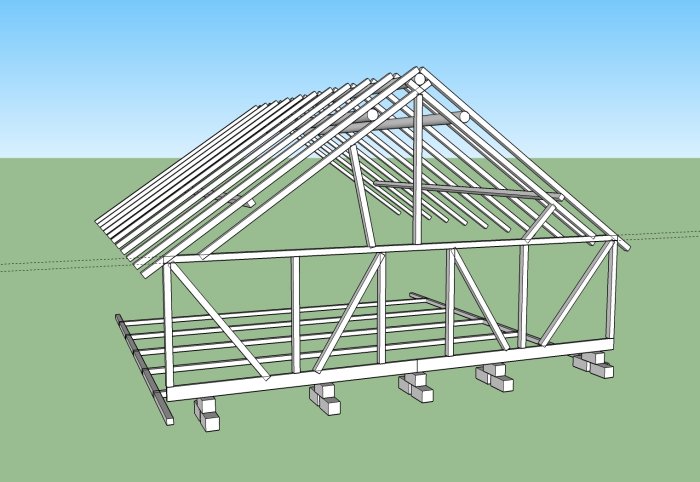 3D-modell av ett trästommeskelett för en ladugård upplyft på betongblock.