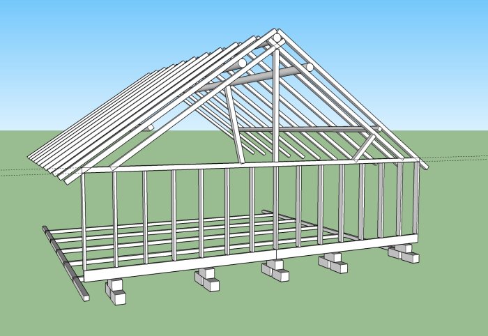 3D-modell av en trästomme för en byggnad upplyft på betongblock, med synliga reglar och takstolar.