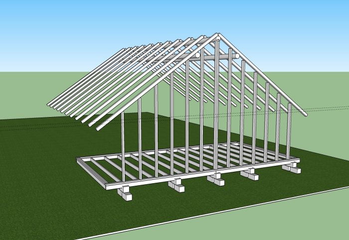 3D-modell av en ladugårdsstomme upphöjd på betongblock, visar reglar och takstolar.