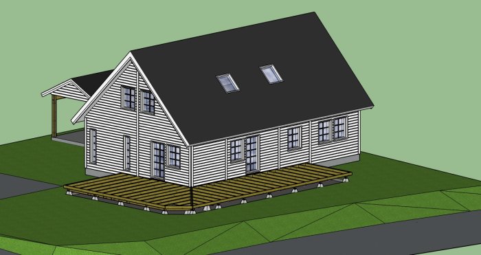 3D-modell av ett vitt hus med svart tak och en konturskissad altan som ännu inte är fäst vid huset.