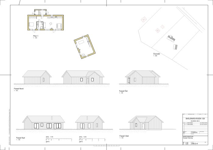 Bygglovsritningar över planerat hus och ateljé på en strandtomt, inklusive planlösning och fasadvyer.