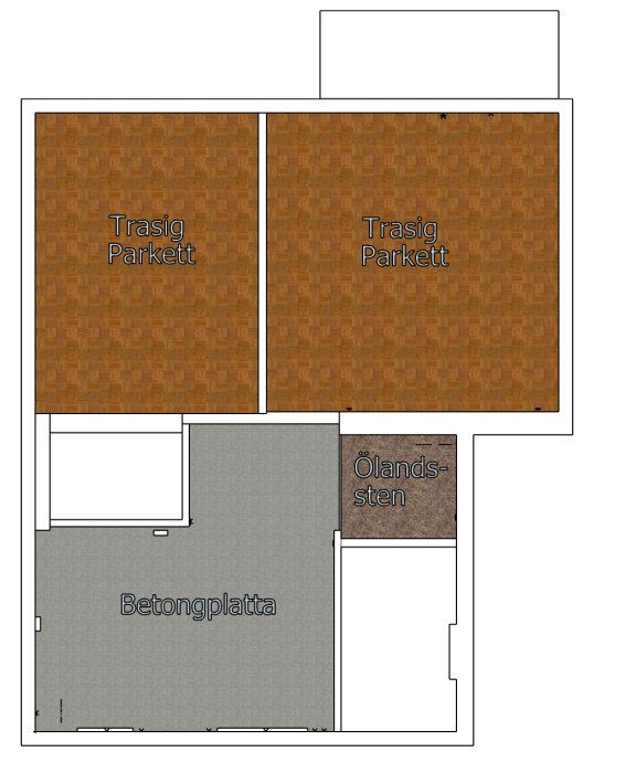Ritning av en lägenhetsplan med markerade områden för trasig parkett, Ölandssten och betongplatta.