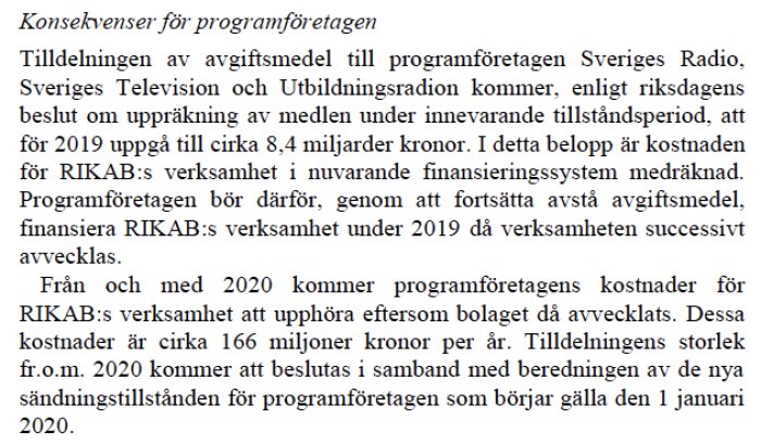 Skärmdump av text som beskriver konsekvenser för programföretagen med budgetinformation.