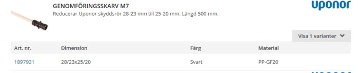 Genomföringsskarv M7 för att reducera Uponor skyddsrör från 28/23 mm till 25/20 mm, längd 500 mm.