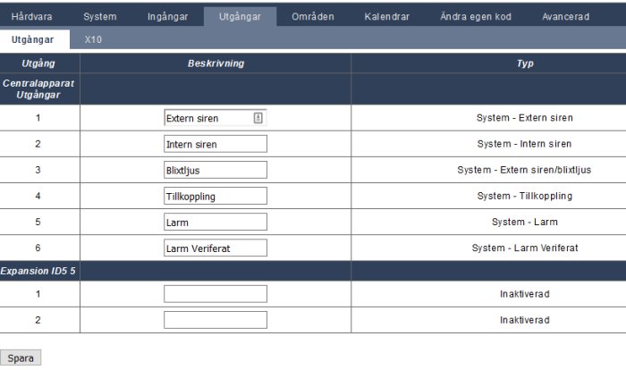 Skärmdump av gränssnitt för Siemens Expander konfiguration med utgångsinställningar och beskrivningar.