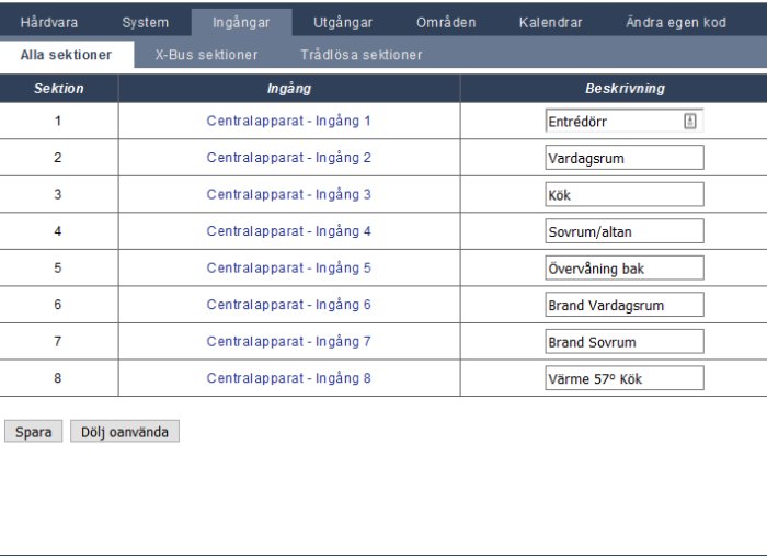 Skärmbild av Siemens Expander konfigurationsgränssnitt med sektioner för ingångar och beskrivningar.