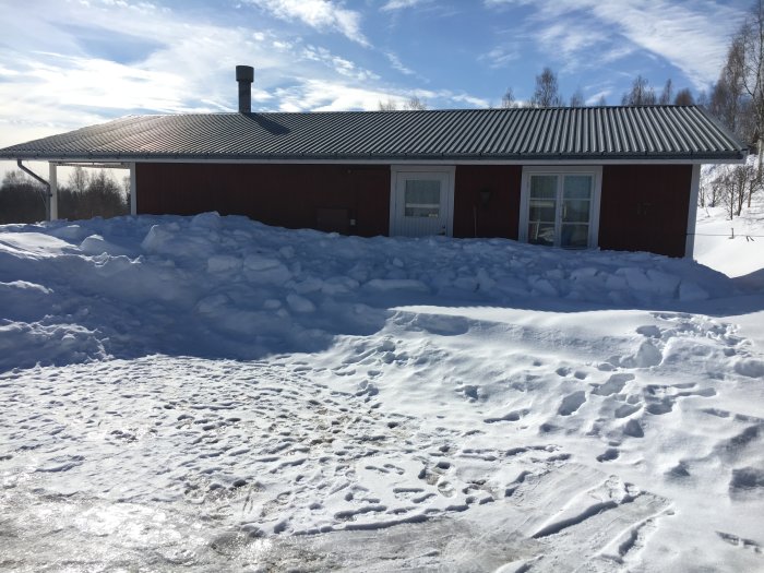 Röd sommarstuga delvis täckt av en stor mängd upplogad snö under en klarblå himmel.