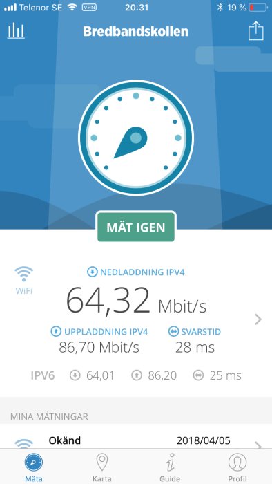Skärmbild av Bredbandskollen-test på iPhone visar 64,32 Mbit/s nedladdning och 86,70 Mbit/s uppladdning.