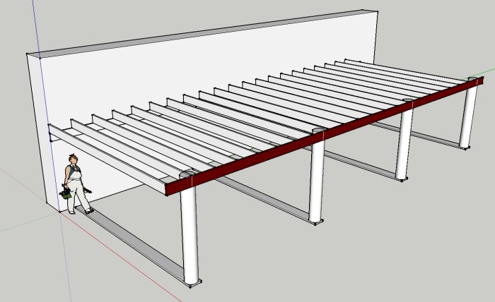 Skiss av en takkonstruktion med röd markerad balk som förstärkning och en person som jämförelse för skalan.