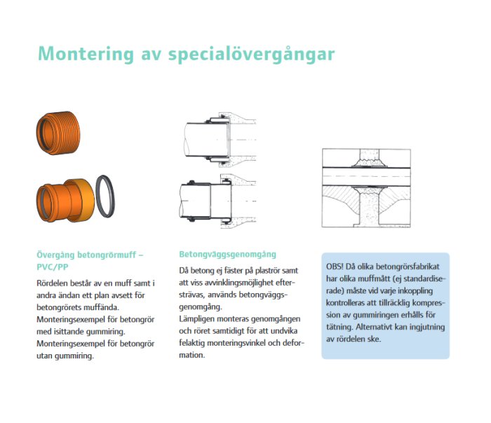 Monteringsanvisning för specialövergångar med betongrörsmuff och genomgång, inklusive detaljritningar.