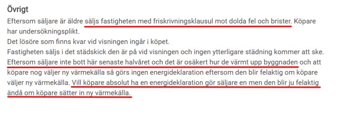 Skärmdump av ett diskussionsinlägg där man diskuterar en klausul om frånvaro av energideklaration vid försäljning av en fastighet.