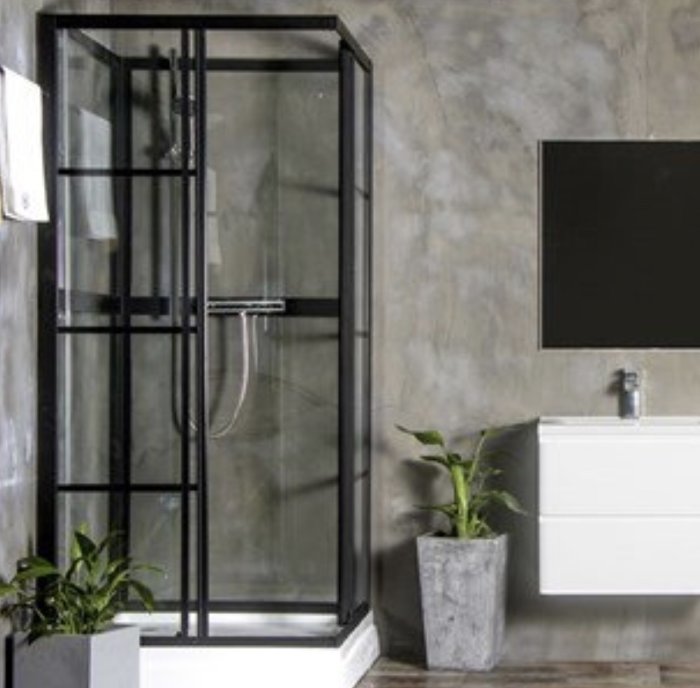 Svart duschkabin från BathLife i ett badrum med betongväggar och växt i kruka.