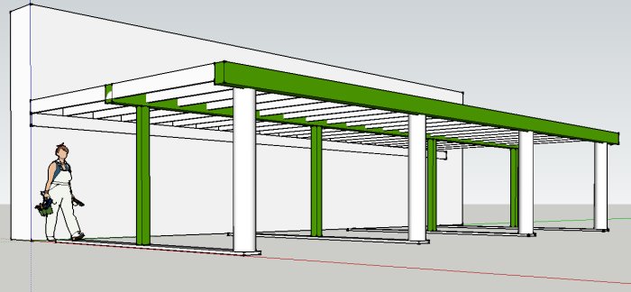 CAD-ritning av en terrass med stolpar och bjälklag som stödjer ett tak, person som går nedanför.