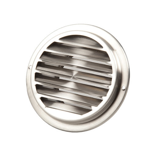 Rund ventilationsgaller i rostfritt stål mot vit bakgrund.