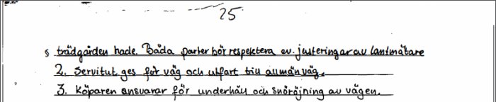 Bild på ett utdrag ur ett köpeavtal med text om servitut för väg och underhållsansvar.