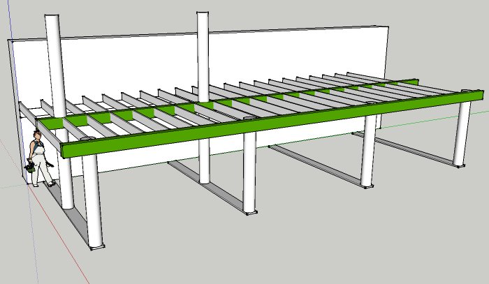 3D-modell av en altan under konstruktion med pelare och bärlinor.