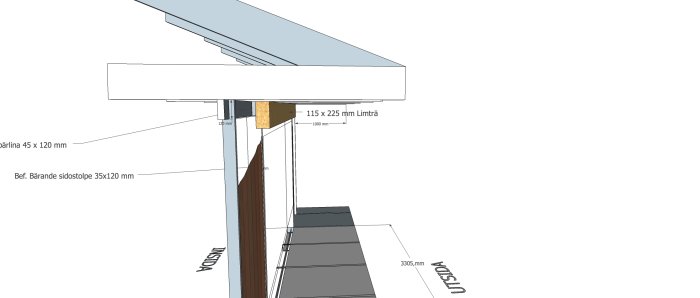 Teknisk ritning av väggkonstruktion med dimensioner för bärlinor och limträbalk för att diskutera lämplig storlek i byggprojekt.